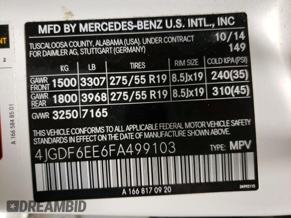 2015 Mercedes-Benz GL-Class GL 450 with VIN 4JGDF6EE6FA499103, listed as a Copart auction lot 68978072 with 0 mi miles. Bid and sale history available at carsss.com. Image 12.