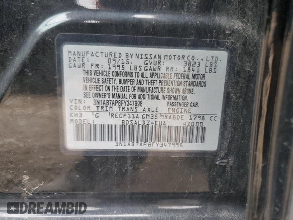 2015 Nissan Sentra S with VIN 3N1AB7AP8FY347998, listed as a Copart auction lot 51279745 with 68,149 mi miles and Salvage Title. Bid and sale history available at carsss.com. Image 12.