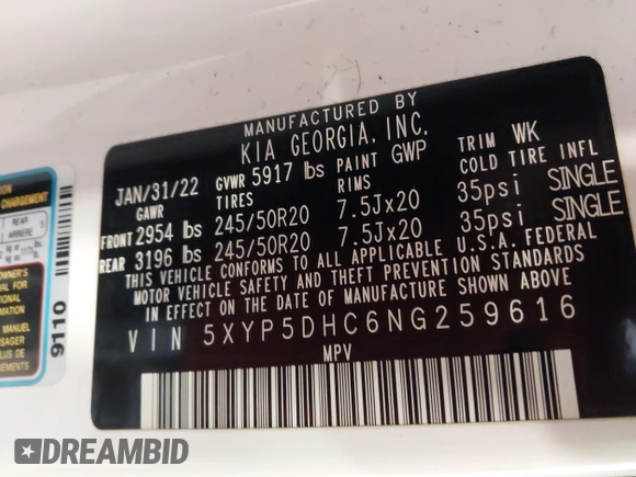 2022 Kia Telluride SX with VIN 5XYP5DHC6NG259616, listed as a IAAI auction lot 41528455 with 55,930 mi miles and . Bid and sale history available at DreamBid. Image 9.