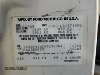 1989 Ford Mustang with VIN 1FABP41A2KF192787, listed as a Copart auction lot 55306575 with 14,103 mi miles and Clean title. Bid and sale history available at DreamBid. Image 12.