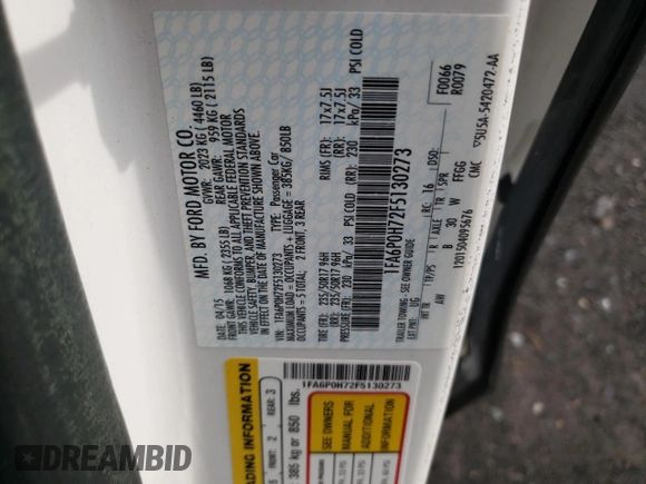 2015 Ford Fusion SE with VIN 1FA6P0H72F5130273, listed as a Copart auction lot 55579095 with 110,650 mi miles and Salvage Title. Bid and sale history available at DreamBid. Image 12.