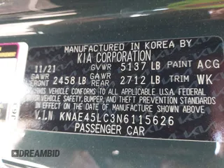 2022 Kia Stinger GT1 with VIN KNAE45LC3N6115626, listed as a IAAI auction lot 41757758 with 22,647 mi miles and . Bid and sale history available at DreamBid. Image 9.