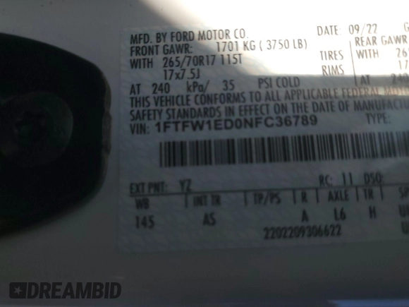 2022 Ford F-150 XL с VIN 1FTFW1ED0NFC36789, выставлен на аукционе IAAI как лот 42774241 с пробегом 36 281 миль миль и . История ставок и продаж доступна на DreamBid. Изображение 7.