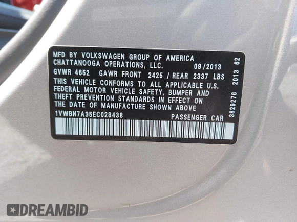 2014 Volkswagen Passat SE с VIN 1VWBN7A35EC028438, выставлен на аукционе IAAI как лот 42172605 с пробегом 108 955 миль миль и . История ставок и продаж доступна на DreamBid. Изображение 9.