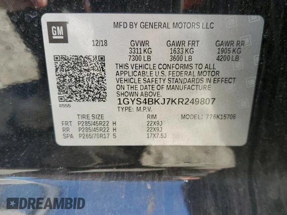 2019 Cadillac Escalade Luxury z VIN 1GYS4BKJ7KR249807, wystawiony jako Copart lot #46796805 z przebiegiem 102 476 mil mil oraz Szkody całkowita. Historia ofert i sprzedaży dostępna na DreamBid. Obrazek 14.