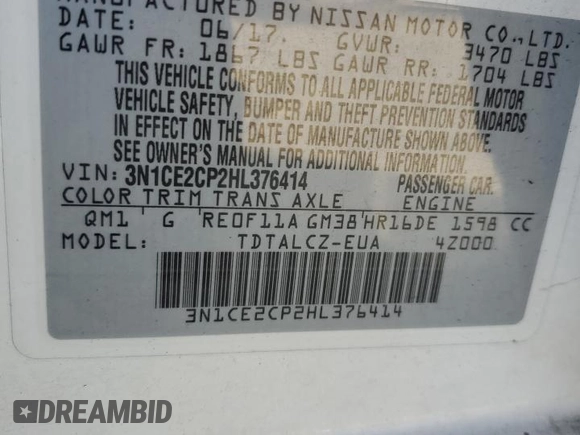 2017 Nissan Note SL with VIN 3N1CE2CP2HL376414, listed as a Copart auction lot 42743705 with 121,184 mi miles and Clean title. Bid and sale history available at DreamBid. Image 12.