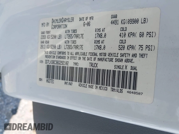 2006 Dodge 3500 SLT with VIN 3D7LX38C36G292102, listed as a IAAI auction lot 42417064 with 197,069 mi miles and . Bid and sale history available at DreamBid. Image 9.