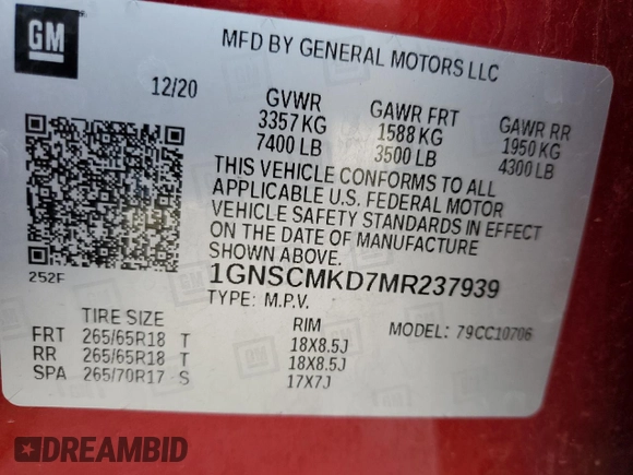 2021 Chevrolet Tahoe LS with VIN 1GNSCMKD7MR237939, listed as a Copart auction lot 71068894 with Not provided miles and Salvage title. Bid and sale history available at DreamBid. Image 13.