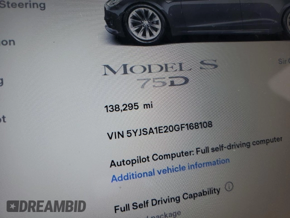 2016 Tesla Model S 90D with VIN 5YJSA1E20GF168108, listed as a Copart auction lot 55589615 with 138,295 mi miles and Salvage Title. Bid and sale history available at DreamBid. Image 12.