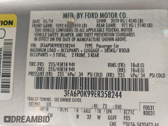 2014 Ford Fusion Titanium with VIN 3FA6P0K99ER358244, listed as a IAAI auction lot 42085703 with 194,626 mi miles. Bid and sale history available at carsss.com. Image 9.