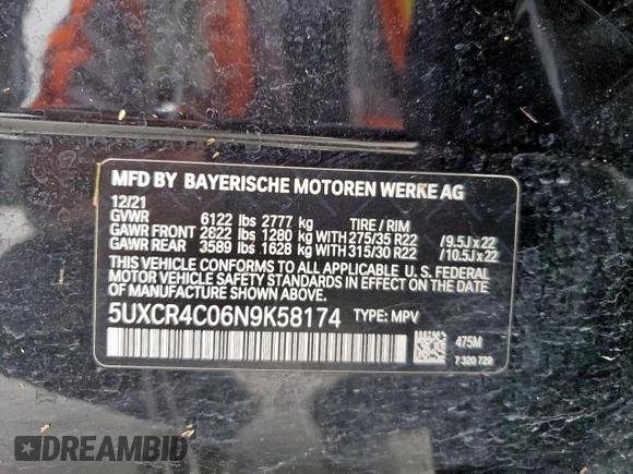 2022 BMW X5 sDrive40i with VIN 5UXCR4C06N9K58174, listed as a Copart auction lot 58333185 with 62,778 mi miles and Salvage title. Bid and sale history available at DreamBid. Image 14.