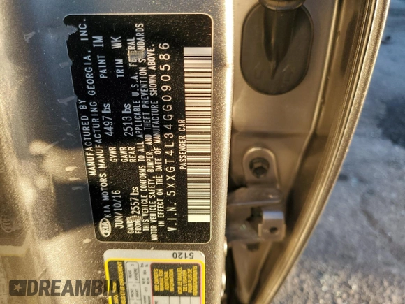 2016 Kia Optima LX z VIN 5XXGT4L34GG090586, wystawiony jako Copart lot #49656365 z przebiegiem Nie podano mil oraz Szkoda całkowita • Salvage title. Historia ofert i sprzedaży dostępna na DreamBid. Obrazek 15.