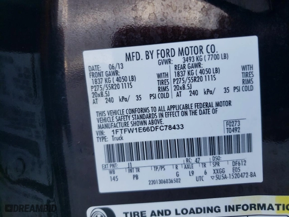 2013 Ford F-150 XLT with VIN 1FTFW1E66DFC78433, listed as a Copart auction lot 80254914 with 129,612 mi miles and Salvage Title. Bid and sale history available at carsss.com. Image 12.