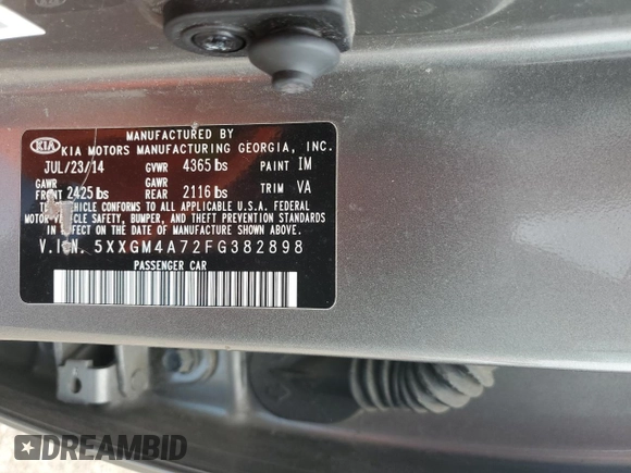 2015 Kia Optima LX with VIN 5XXGM4A72FG382898, listed as a Copart auction lot 50530555 with 105,334 mi miles and Salvage Title. Bid and sale history available at DreamBid. Image 13.