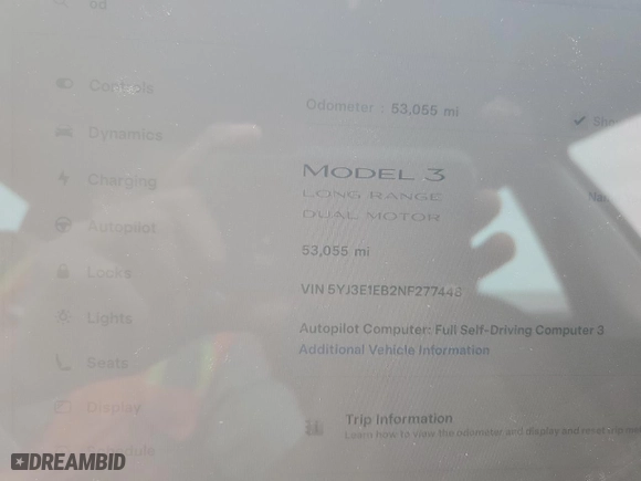 2022 Tesla Model 3 Long Range with VIN 5YJ3E1EB2NF277448, listed as a Copart auction lot 47970765 with 53,055 mi miles and Salvage Title. Bid and sale history available at carsss.com. Image 9.
