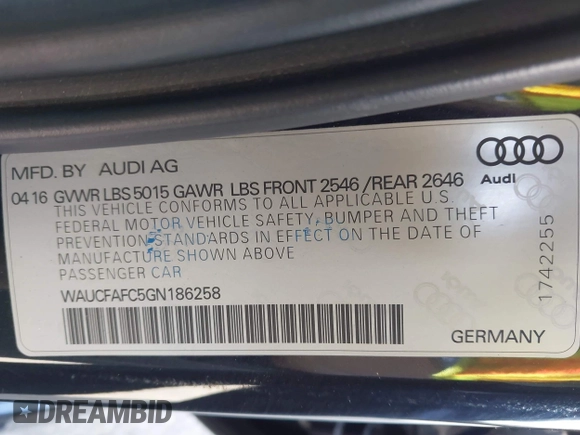 2016 Audi A6 2.0T Premium with VIN WAUCFAFC5GN186258, listed as a IAAI auction lot 41225603 with 83,817 mi miles. Bid and sale history available at carsss.com. Image 9.