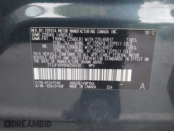 2012 Toyota RAV4 with VIN 2T3JF4DV9CW256430, listed as a IAAI auction lot 42253071 with 229,631 mi miles and . Bid and sale history available at DreamBid. Image 9.