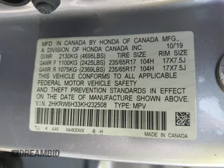 2019 Honda CR-V LX with VIN 2HKRW6H33KH232508, listed as a IAAI auction lot 41922985 with 49,720 mi miles. Bid and sale history available at carsss.com. Image 9.