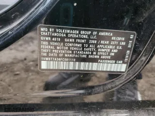 2015 Volkswagen Passat 1.8T Sport with VIN 1VWBT7A36FC081110, listed as a Copart auction lot 51489835 with 211,476 mi miles and Clean Title. Bid and sale history available at carsss.com. Image 12.