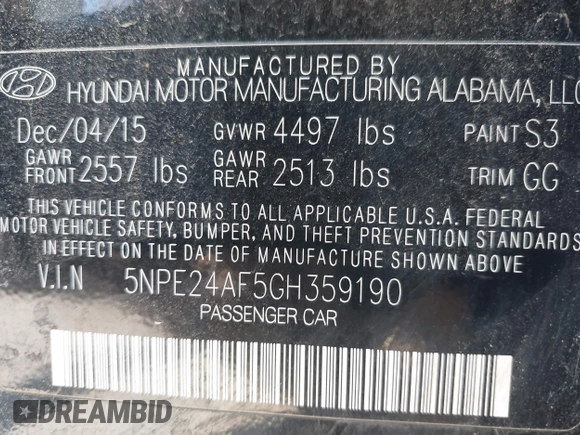 2016 Hyundai Sonata SE with VIN 5NPE24AF5GH359190, listed as a IAAI auction lot 39367783 with 86,841 mi miles and . Bid and sale history available at DreamBid. Image 9.