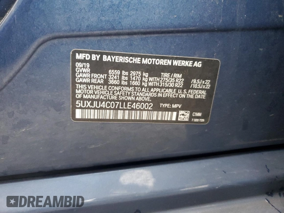 2020 BMW X5 M50i with VIN 5UXJU4C07LLE46002, listed as a Copart auction lot 77853984 with 74,098 mi miles and Salvage Title. Bid and sale history available at DreamBid. Image 13.