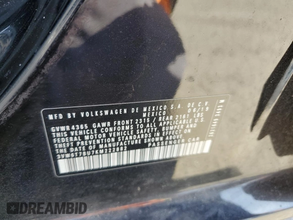 2019 Volkswagen Jetta GLI S z VIN 3VW6T7BU7KM222882, wystawiony jako Copart lot #53973425 z przebiegiem 59 698 mil mil oraz Szkoda całkowita • Salvage title. Historia ofert i sprzedaży dostępna na DreamBid. Obrazek 12.