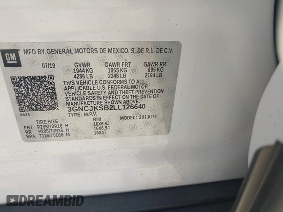 2020 Chevrolet Trax LS z VIN 3GNCJKSB2LL126640, wystawiony jako IAAI lot #42547540 z przebiegiem 86 058 mil mil oraz . Historia ofert i sprzedaży dostępna na DreamBid. Obrazek 9.