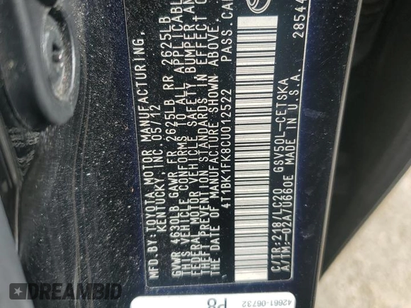 2012 Toyota Camry SE with VIN 4T1BK1FK8CU012522, listed as a Copart auction lot 51773875 with 249,412 mi miles and Salvage Title. Bid and sale history available at carsss.com. Image 13.