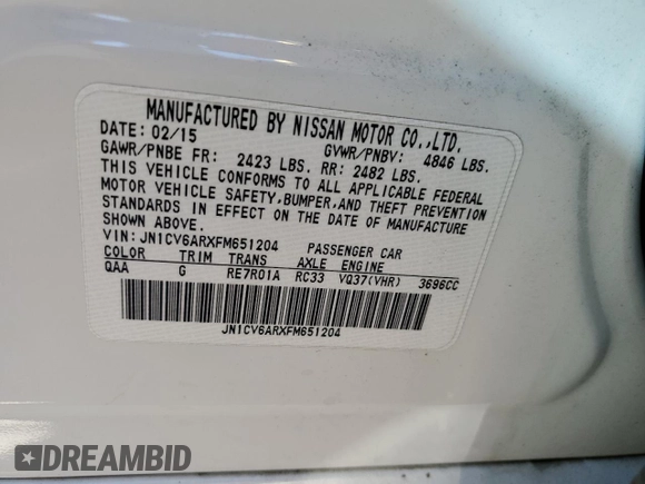 2015 Infiniti Q40 with VIN JN1CV6ARXFM651204, listed as a Copart auction lot 75376854 with Not Provided miles and Clean Title. Bid and sale history available at DreamBid. Image 14.