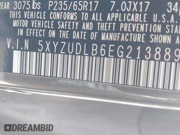 2014 Hyundai Santa Fe with VIN 5XYZUDLB6EG213889, listed as a IAAI auction lot 42036202 with 188,247 mi miles and . Bid and sale history available at DreamBid. Image 9.