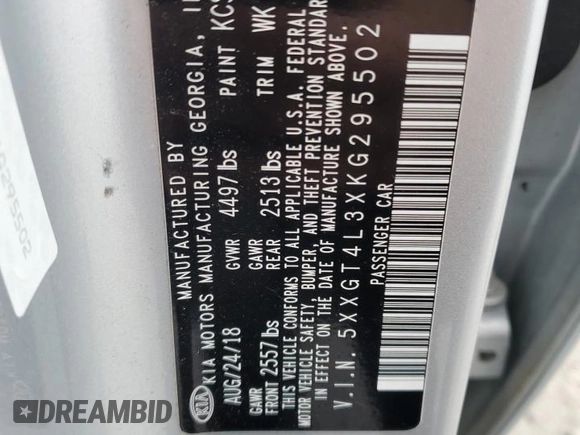 2019 Kia Optima LX with VIN 5XXGT4L3XKG295502, listed as a Copart auction lot 47432955 with 83,147 mi miles and Clean Title. Bid and sale history available at carsss.com. Image 12.