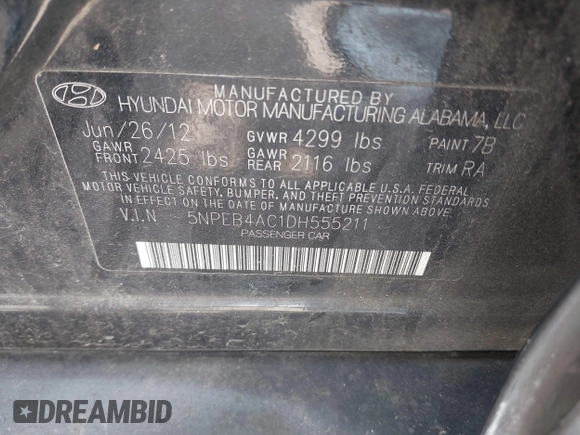 2013 Hyundai Sonata GLS with VIN 5NPEB4AC1DH555211, listed as a IAAI auction lot 42190097 with 181,000 mi miles and . Bid and sale history available at carsss.com. Image 9.
