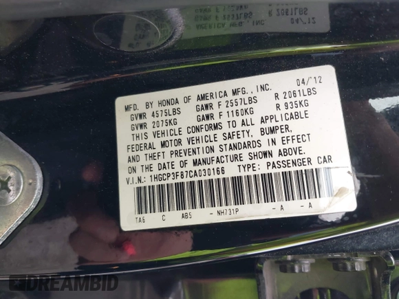 2012 Honda Accord EX-L z VIN 1HGCP3F87CA030166, wystawiony jako IAAI lot #41761200 z przebiegiem 120 596 mil mil oraz . Historia ofert i sprzedaży dostępna na DreamBid. Obrazek 9.