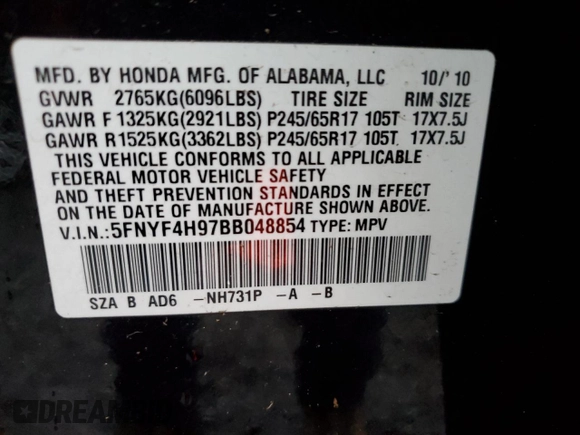 2011 Honda Pilot Touring with VIN 5FNYF4H97BB048854, listed as a Copart auction lot 50991935 with 83,651 mi miles and Salvage Title. Bid and sale history available at carsss.com. Image 13.
