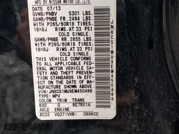 2014 Infiniti QX70 with VIN JN8CS1MU9EM450468, listed as a Copart auction lot 55485575 with 102,261 mi miles and Clean Title. Bid and sale history available at DreamBid. Image 12.