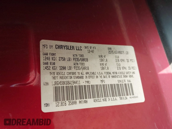 2008 Jeep Liberty Limited with VIN 1J8GN58K68W194411, listed as a IAAI auction lot 42505392 with 95,084 mi miles and . Bid and sale history available at DreamBid. Image 9.