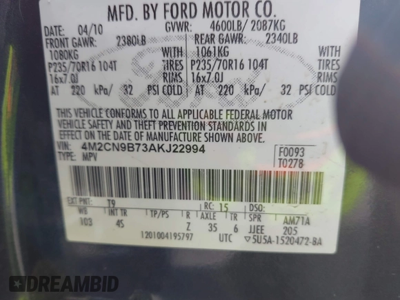 2010 Mercury Mariner z VIN 4M2CN9B73AKJ22994, wystawiony jako IAAI lot #42033710 z przebiegiem Nie podano mil oraz . Historia ofert i sprzedaży dostępna na DreamBid. Obrazek 9.