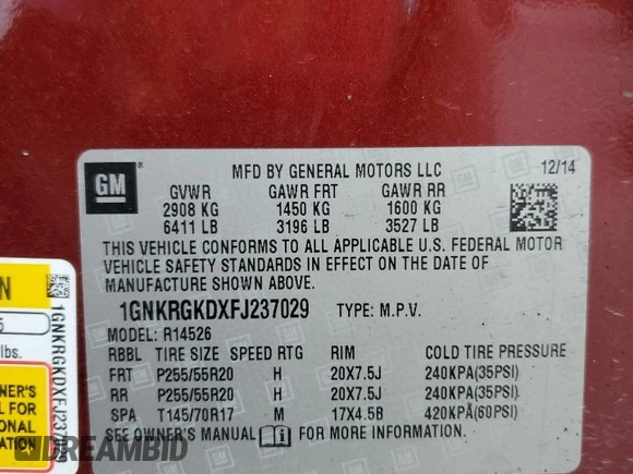 2015 Chevrolet Traverse LT with VIN 1GNKRGKDXFJ237029, listed as a Copart auction lot 62574245 with 148,409 mi miles and Salvage title. Bid and sale history available at DreamBid. Image 12.