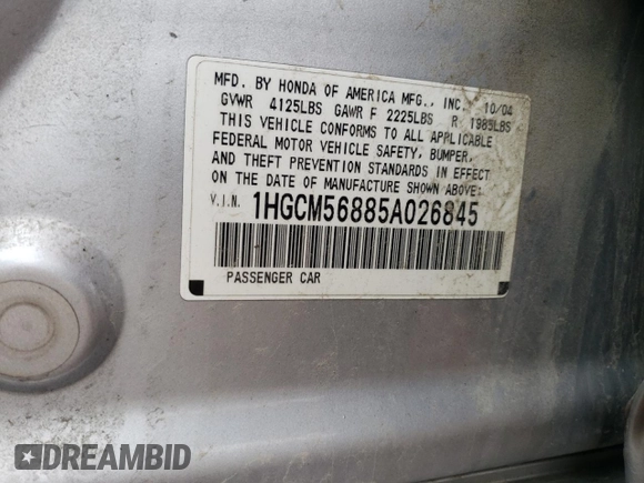 2005 Honda Accord EX-L z VIN 1HGCM56885A026845, wystawiony jako Copart lot #55344405 z przebiegiem 221 307 mil mil oraz Szkoda całkowita • Salvage title. Historia ofert i sprzedaży dostępna na DreamBid. Obrazek 12.