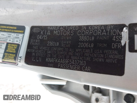 2015 Kia Forte LX with VIN KNAFK4A69F5437163, listed as a IAAI auction lot 42014912 with 220,953 mi miles and . Bid and sale history available at carsss.com. Image 9.