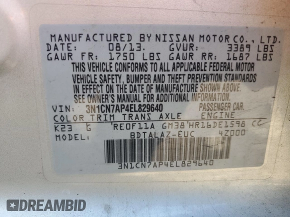 2014 Nissan Versa SV with VIN 3N1CN7AP4EL829640, listed as a Copart auction lot 50471105 with 123,665 mi miles and Clean Title. Bid and sale history available at carsss.com. Image 12.