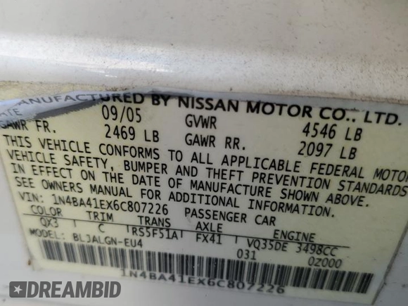 2006 Nissan Maxima 3.5 SE with VIN 1N4BA41EX6C807226, listed as a Copart auction lot 68701063 with 227,094 mi miles and Salvage Title. Bid and sale history available at carsss.com. Image 12.
