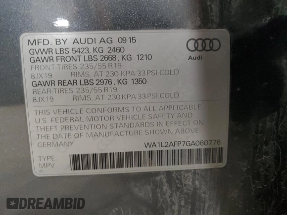 2016 Audi Q5 Premium Plus with VIN WA1L2AFP7GA060776, listed as a Copart auction lot 54082305 with 163,219 mi miles and Clean Title. Bid and sale history available at carsss.com. Image 14.