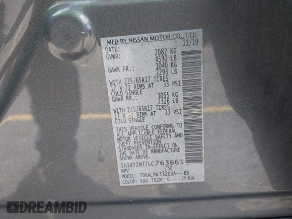 2020 Nissan Rogue S with VIN 5N1AT2MT7LC763661, listed as a IAAI auction lot 42385680 with 84,668 mi miles and . Bid and sale history available at DreamBid. Image 9.