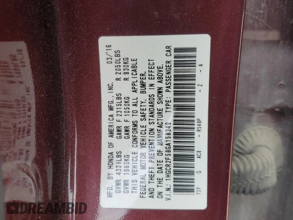 2016 Honda Accord Sport with VIN 1HGCR2F58GA158349, listed as a Copart auction lot 53024935 with 97,982 mi miles and Salvage Title. Bid and sale history available at DreamBid. Image 15.