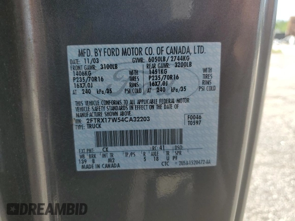 2004 Ford F-150 XL with VIN 2FTRX17W54CA32203, listed as a Copart auction lot 61666385 with Not provided miles and Salvage title. Bid and sale history available at DreamBid. Image 12.