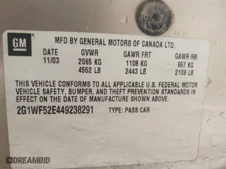 2004 Chevrolet Impala with VIN 2G1WF52E449238291, listed as a IAAI auction lot 41687794 with 229,792 mi miles. Bid and sale history available at carsss.com. Image 9.