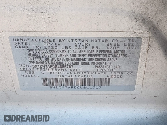 2016 Nissan Versa S Plus with VIN 3N1CN7AP0GL866767, listed as a IAAI auction lot 42403778 with 71,037 mi miles and . Bid and sale history available at DreamBid. Image 9.