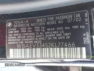 2002 BMW 3 Series 325i z VIN WBAEV33452KL77466, wystawiony jako IAAI lot #42224224 z przebiegiem 115 077 mil mil oraz . Historia ofert i sprzedaży dostępna na DreamBid. Obrazek 9.