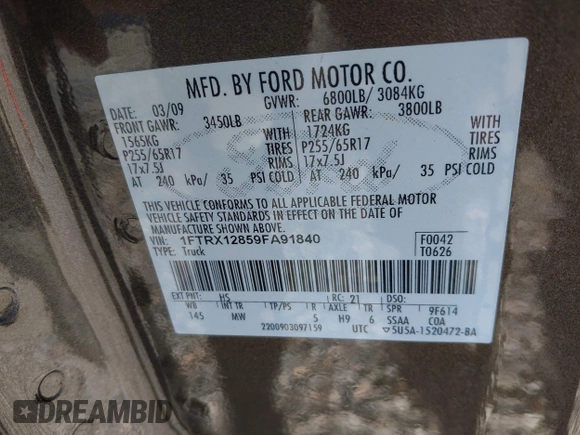 2009 Ford F-150 STX with VIN 1FTRX12859FA91840, listed as a IAAI auction lot 42044464 with 189,524 mi miles and . Bid and sale history available at DreamBid. Image 9.